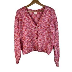 Dee Elly Women's M Pink Fuzzy Button Up‎ V-Neck Cardigan Sweater *